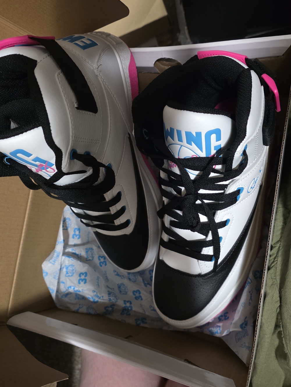 Ewing Women High-Top Sneakers in White, Black, Pink & Blue Size 9